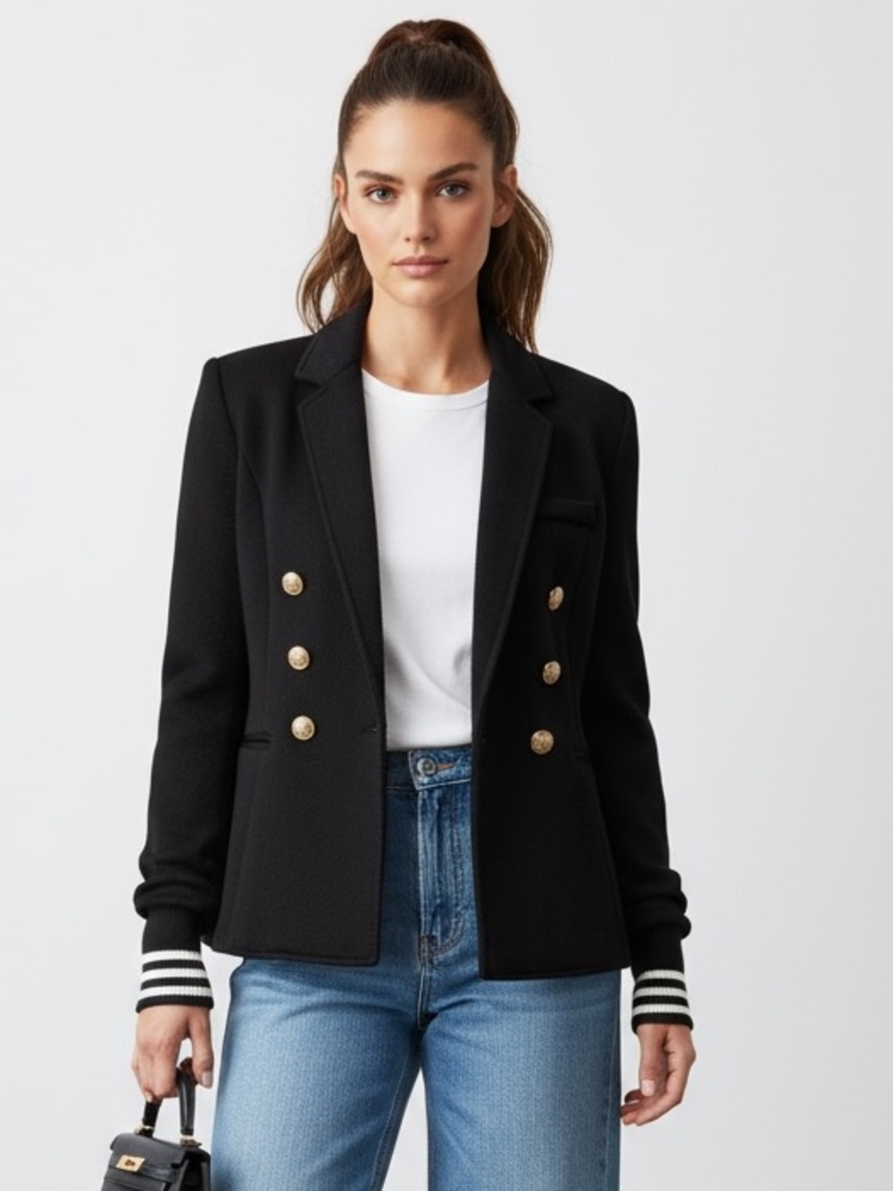 Smythe Black Double-Breasted Blazer Gold Buttons Striped Cuffs (removable) Sz 6